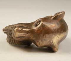 RARE VICTORIAN OLD BRONZE HAND CARVED DOG BITE BIRD STATUE WALKING STICK HEAD