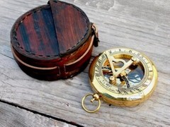Vintage Brass Polished Finish 3” Sundial Compass | Leather Case | Nautical Gift