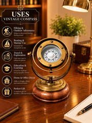 Vintage Brass Gimbal Compass in Binnacle Antique Finish Nautical Ship Décor