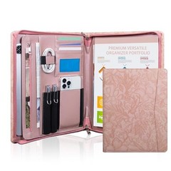 Pink PU Embossed Leather Padfolio for Women—A4 Document Holder—Zipper
