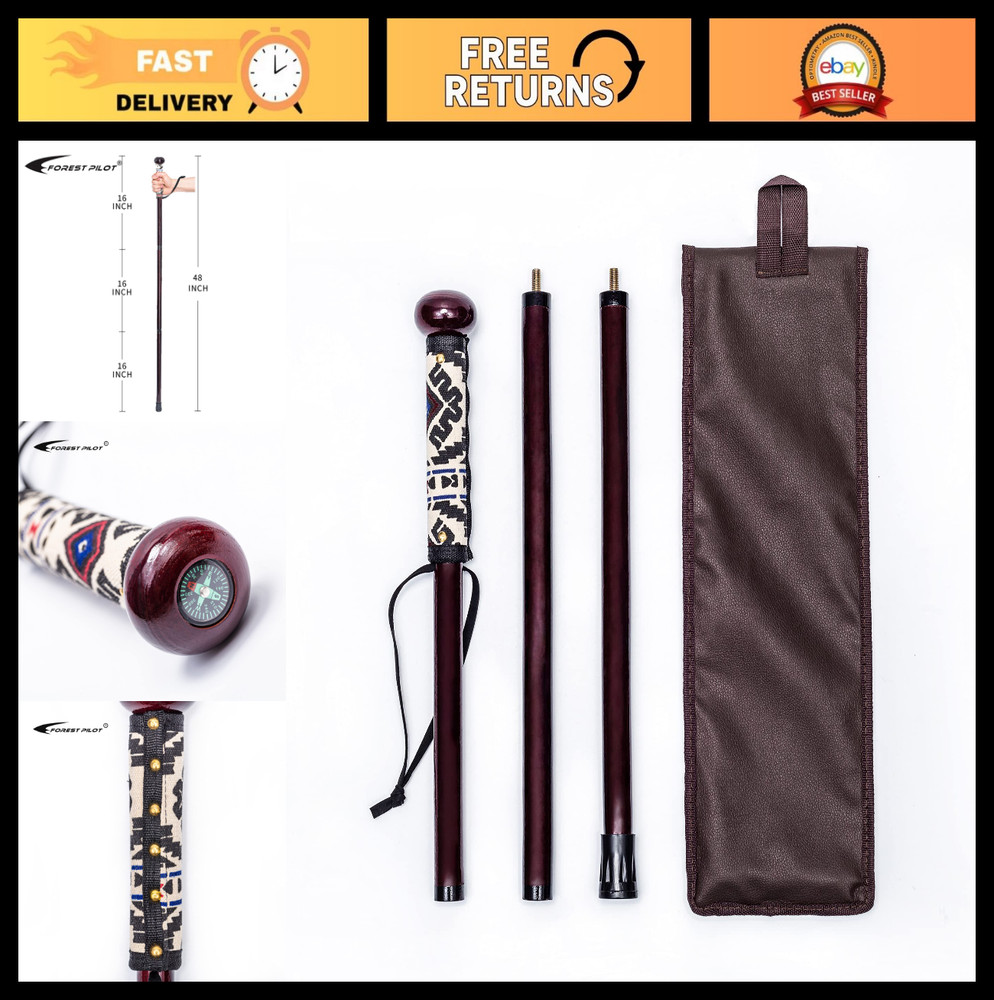 3pc Detachable Hiking Walking Stick with Compass, Soft Grip, Rubber Tip, 48