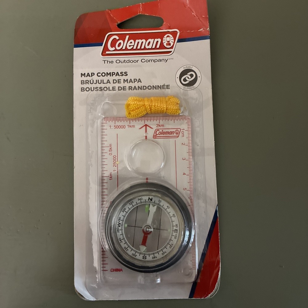 Coleman Compass Plastic Magnifier Cord Orienting Dial Camping Hike Outdoor Wild
