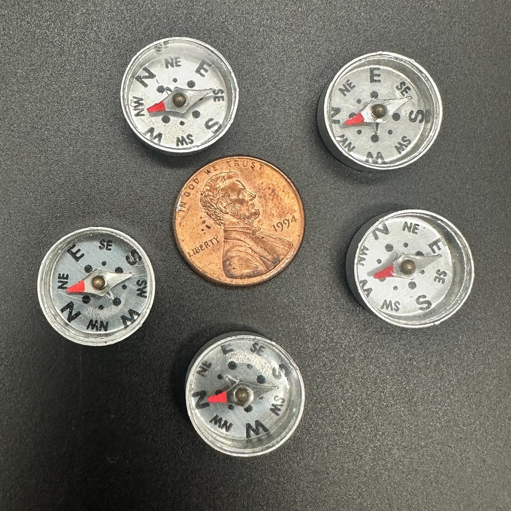 5 Pc Vtg Metal & Glass Button Compass Lot Miniature Pocket Tiny Toy Unbranded