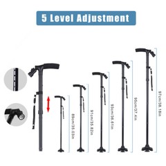 Folding LED Walking Stick Cane All-Terrain Pivoting Base Adjustable Black