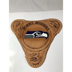 Vtg Mexico Hand Tooled Leather Tripod Stool Seat Cover NCAA Montana NFL Seahawks