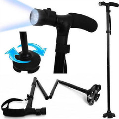 Folding LED Walking Stick Cane All-Terrain Pivoting Base Adjustable Black