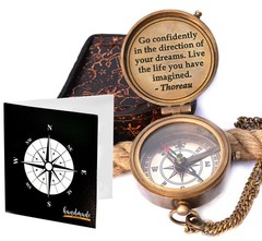 Solid Brass Thoreau Quote Engraved Compass Wooden Box Camping Graduation Gift