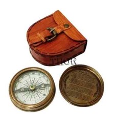 Authentic Vintage Style Brass Pocket Compass with Leather Case Rustic Vintage
