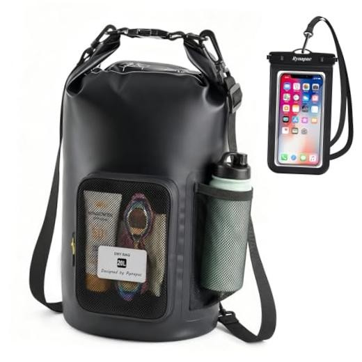 Waterproof Dry Bag with Bottle Holder & Mesh 20L Black – [Wirh Phone Pouch]