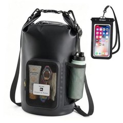 Waterproof Dry Bag with Bottle Holder & Mesh 20L Black – [Wirh Phone Pouch]