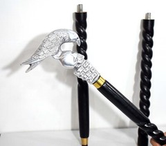 Deluxe Handcrafted Wooden Walking Cane w/ Ornamental Nickel Eagle & Skull Handle