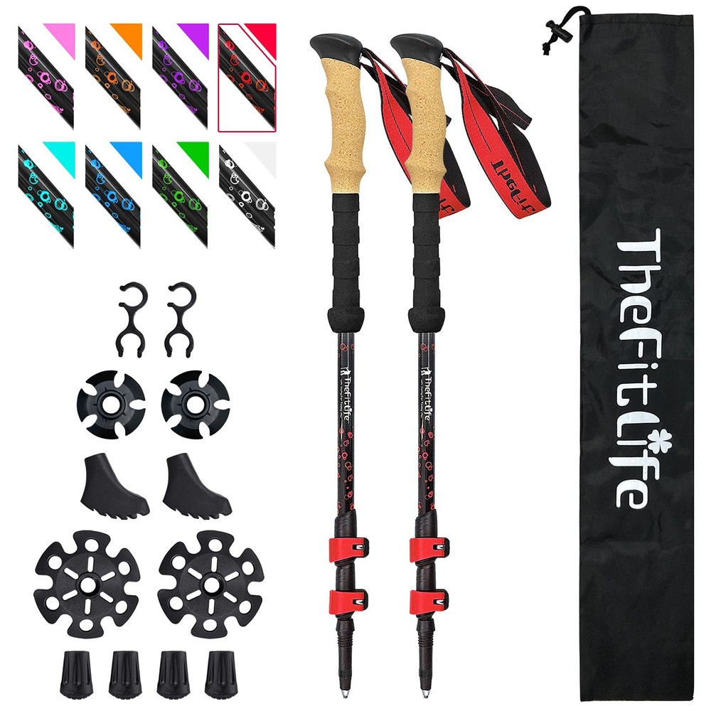 TheFitLife Carbon Fiber Trekking Poles – Collapsible and Telescopic Red