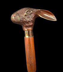 Victorian Rabbit Handle Walking Cane -Spiral Hardwood Shaft Brass Accents Antiqe