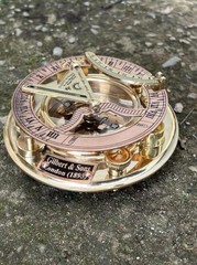 Antique Brass & Copper Sundial Compass, Sundial Clock in Leather Box Gift