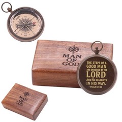 Brass Pocket Compass Psalm 18:32 Engraved with Wood Box Christian Gift for Men