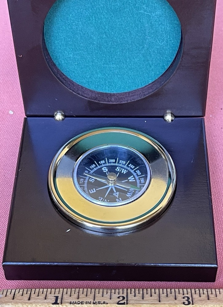 Vintage 3.5” Compass in Wood Box Let The Adventure Begin