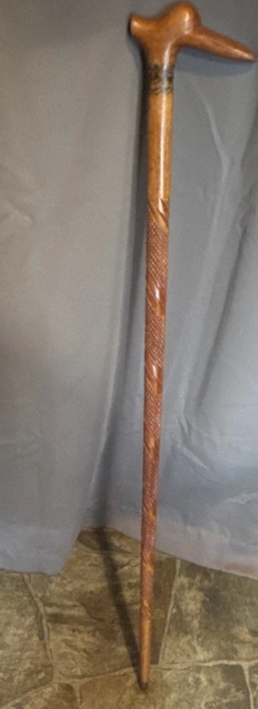 Hand-Carved Wooden folk art cane with bird Head Handle and Decorative Shaft