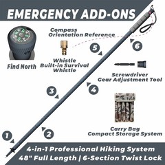 48″ Aluminum Tactical Hiking Stick – 6-Piece with Tungsten Tip, Compass