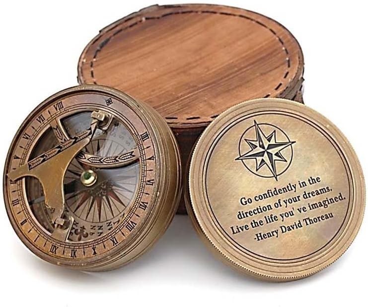 Handmade Brass Sundial Compass – Thoreau Dream Chaser Quote – Go Confidently in