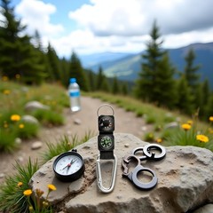 2Pcs Black Carabiner Key Chain Compass Thermometer Metal Camping Outdoor Gadgets