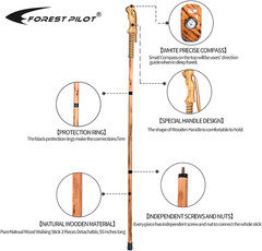 3-Pc Detachable Hardwood Walking Stick Pine Handle with Compass (Nature Color, 5