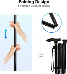 Black Folding Cane 5Level Adjustable Height Portable Walking Stick Wrist Strap