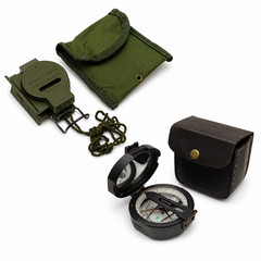 Set of 2 Lensatic Compasses with Black and Green Carrying Cases