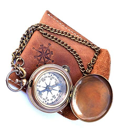Handmade Nautical Brass Push Open Compass On Chain with Leather Case Pocket C…