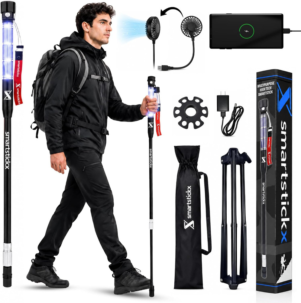 Survival Walking Stick with Dual LED Light & Emergency Power Bank – Collapsible