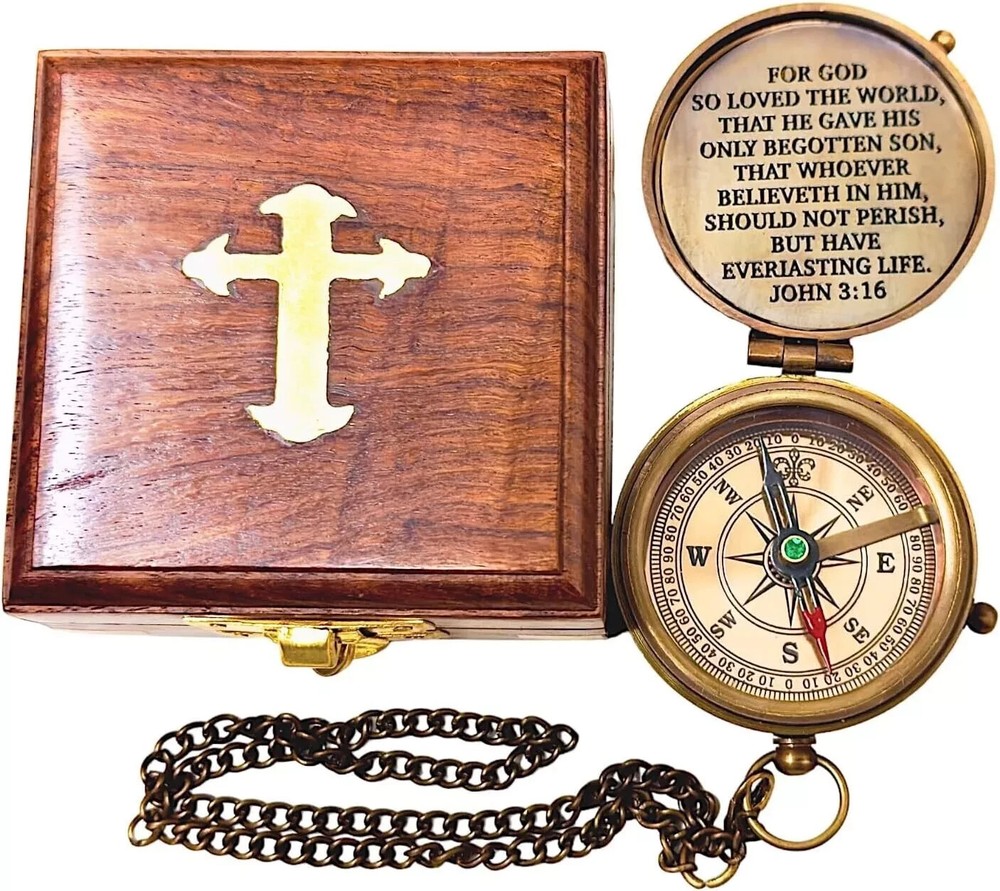 Compass with Wooden Box Bible Verse Cross with John 3:16 Bible