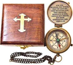 Compass with Wooden Box Bible Verse Cross with John 3:16 Bible