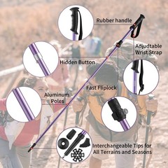 Purple Trekking Walking Hiking Poles or Sticks Aluminum Lightweight Collapsib…
