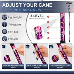 Folding Cane, 5-Level Adjustable Height Walking Stick Purple Floral