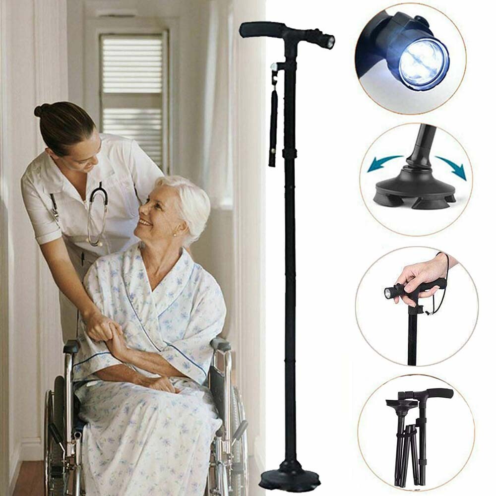 Folding LED Walking Stick Cane All-Terrain Pivoting Base Adjustable Black