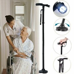 Folding LED Walking Stick Cane All-Terrain Pivoting Base Adjustable Black
