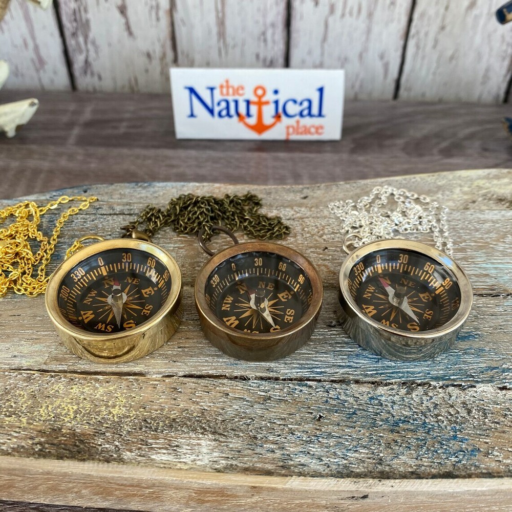Brass Pocket Compass w/ Optional 27″ Chain & Bag – Gold, Silver, Antique Finish