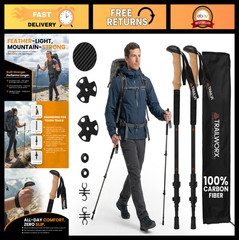 Lightweight Adjustable 3K Carbon Fiber Trekking Poles Set of 2, Cork Grip, 24.5″