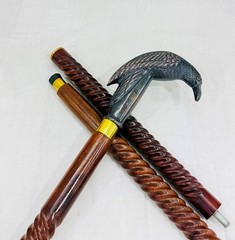 Walking Cane/Axe Handle Design, Black Metal Head, Wooden Shaft, Gold Accent Band