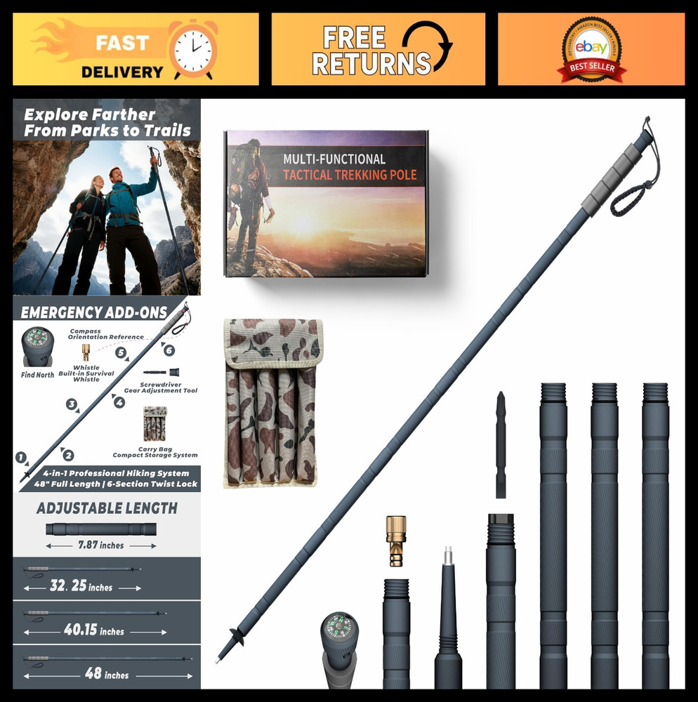 48″ Modular Aluminum Tactical Hiking Stick – 6-Piece Set with Compass, Whistle &