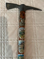 Vintage Bavarian Alpine Wanderstock w/Metal Ice Axe Pick Head & Souvenir Shields