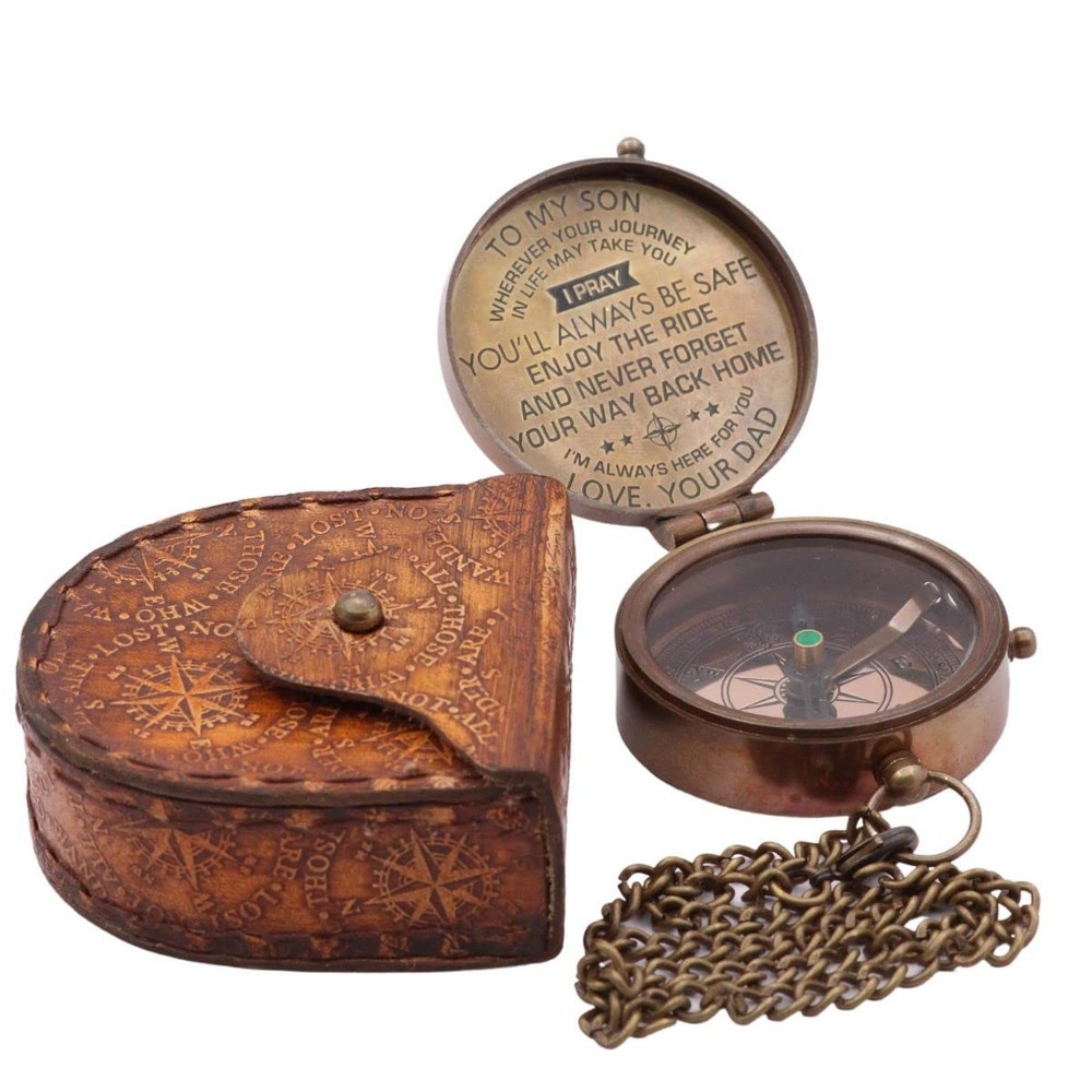Precision Brass Pocket Compass with Engraved Leather Case for Outdoor & Gifts