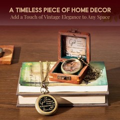 Brass God Compass with Wooden Box, Antique Religious Gifts for Men with Quote…