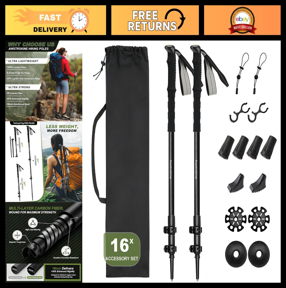 Lightweight Carbon Fiber Hiking Poles – 6.07oz Nordic Trekking Sticks, EVA Grips