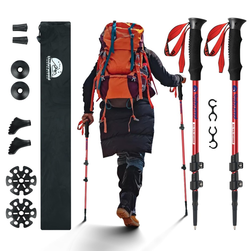Collapsible Trekking Poles for Hiking 2 Pack – Adjustable Aluminum Red