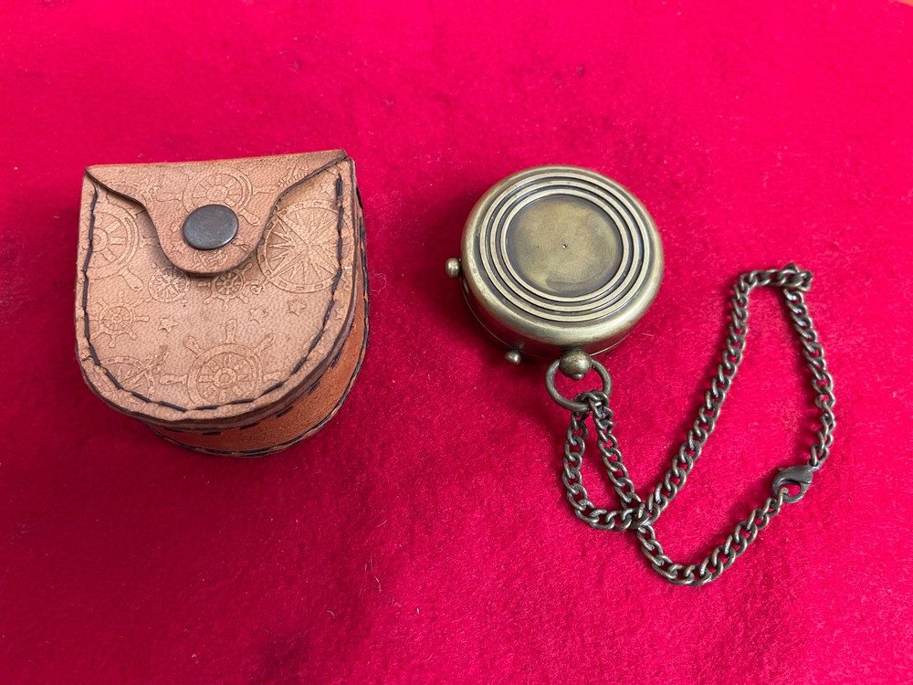 Vintage Brass Compass with Tooled Leather Belt Case (Joshua 1:9 Inscription)
