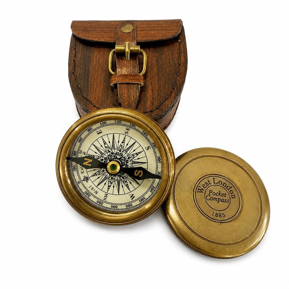 Antique Brass Pocket Compass with Leather Case Gifts | Engraved antique