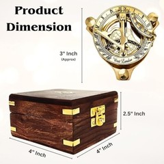 Brass Golden Sun-Clock Compass with Wooden Box Vintage Nautical Sundial Compass