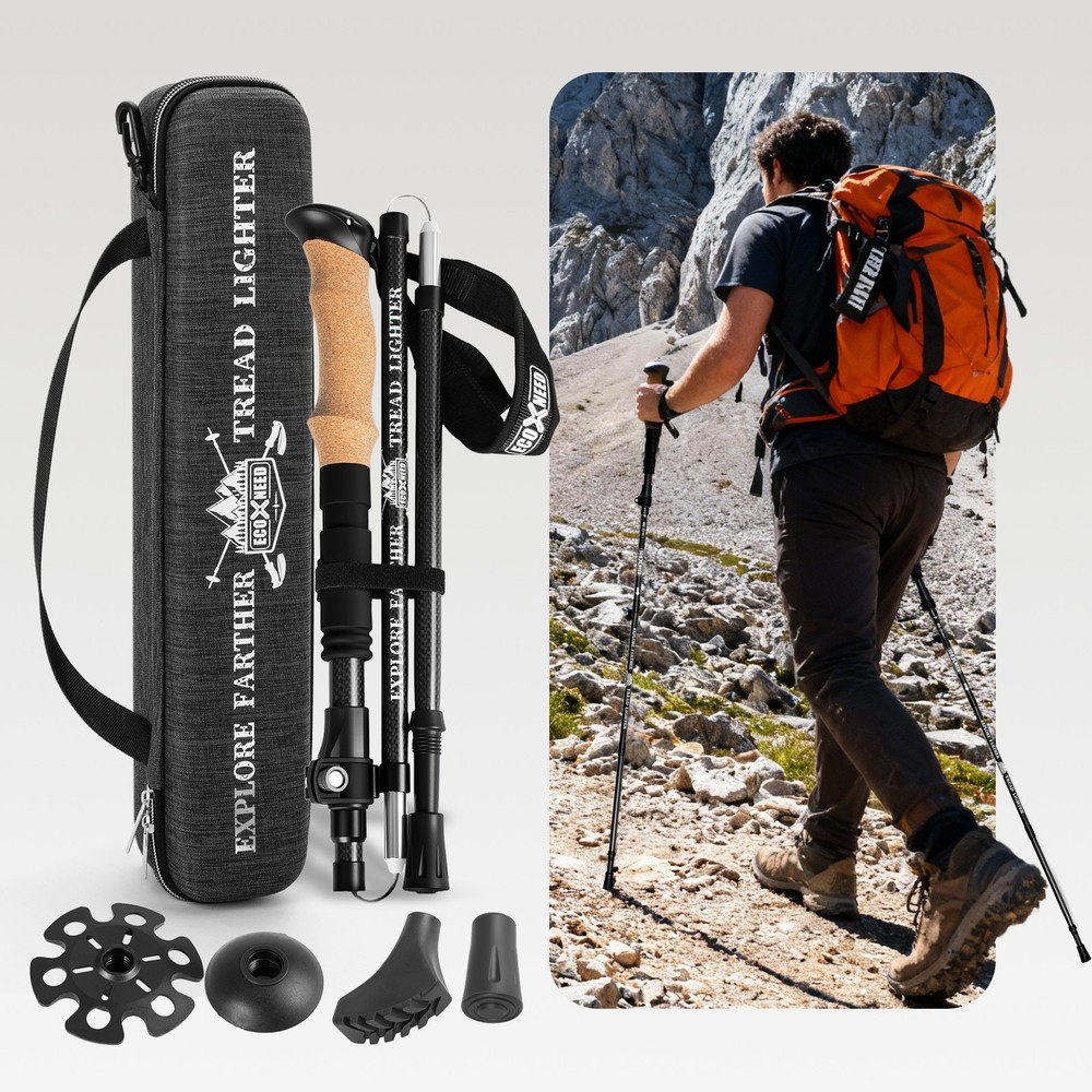 100% Carbon Fiber Trekking Pole Collapsible w/ Cork EVA Foam Grips Locks Hiking