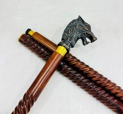 Walking Cane/Axe Handle Design, Black Metal Head, Gold Accent Band Walking Stick