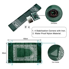 Portable Travel Prayer Mat Compass Weights Pouch Pocket Size Green Foldable